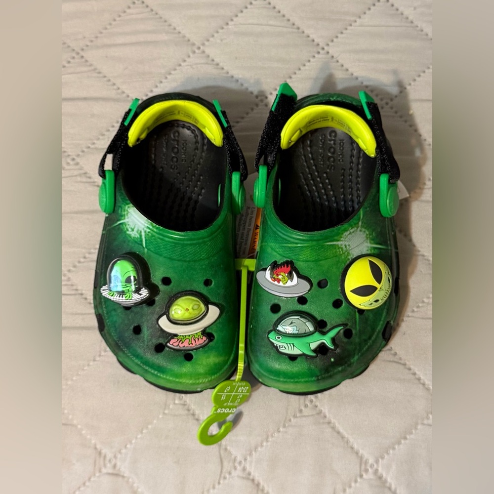 CROCS Kids Green Slippers with Space Charms